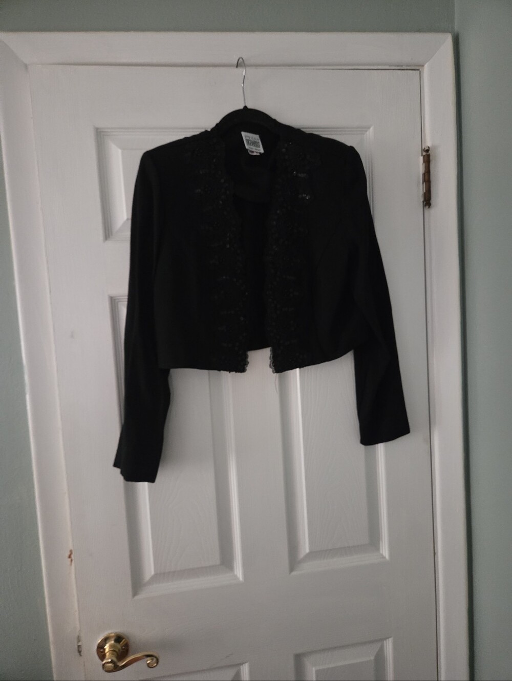Vnt. 1990s R&M Richards Karen Kwong Black Bolero Sequin Lace Trim Crop. 10 USA